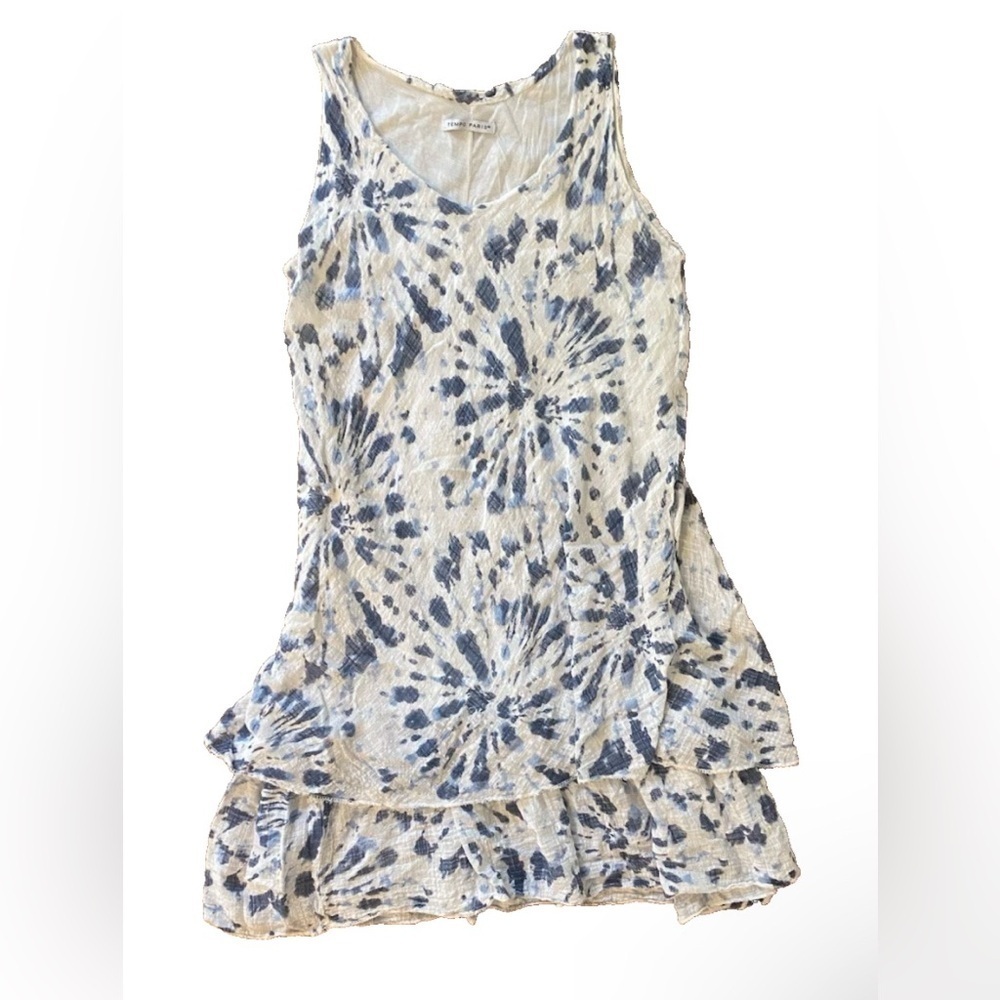 TEMPO PARIS Italian Tiered Tank Dress Cotton Blend White Indigo Tie Dye Medium - Picture 5 of 6